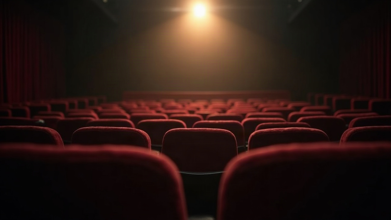 Butacas vacías de una sala de cine vistas desde atrás, con un haz de proyección atravesando la penumbra
