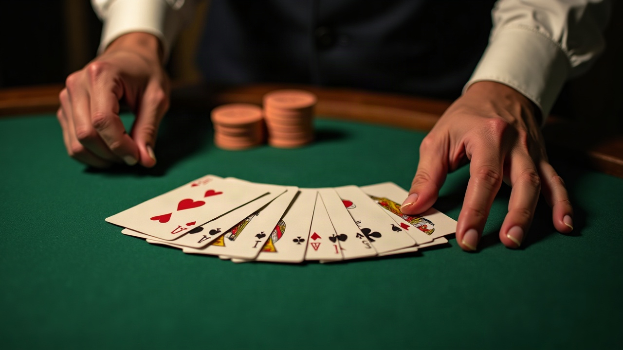 Manos de crupier repartiendo cartas en abanico sobre el paño verde, vistas desde arriba